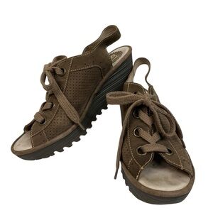 Fly London 39/8.5 Yuta Taupe Suede Lace Up Wedge Sandals Shoes